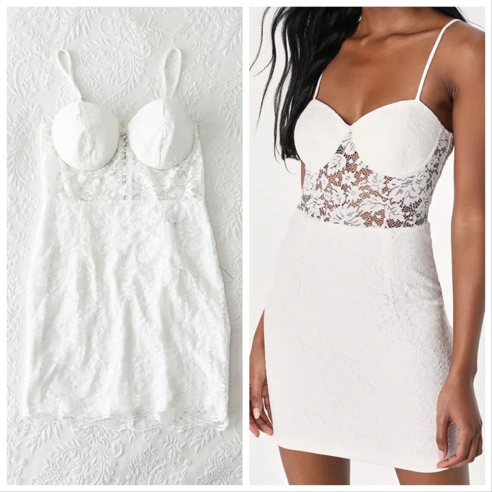 NWOT Lulus Night of Celebration White Lace Bustier Bodycon Mini Dress Small